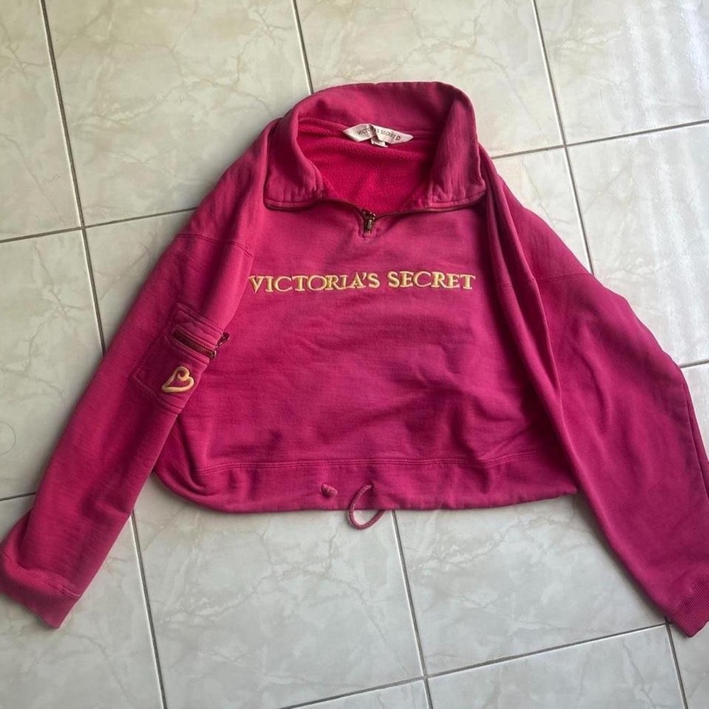 Victoria's Secret Hot Pink Cropped Teddy Half-Zip Pullover